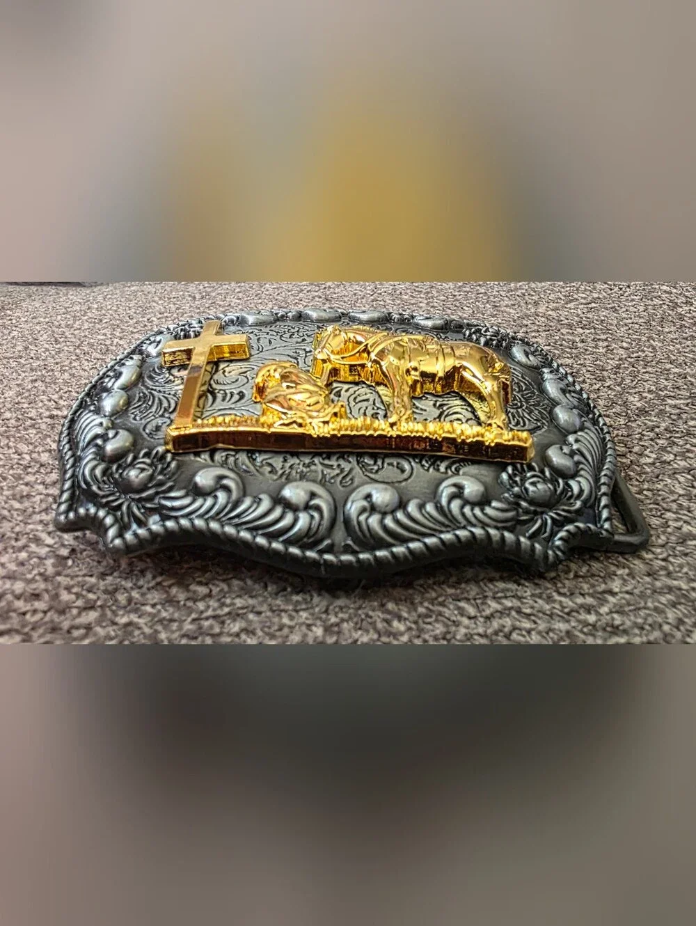 Faith Horse and cowboy Kneeling at cross Belt Buckle Small Size